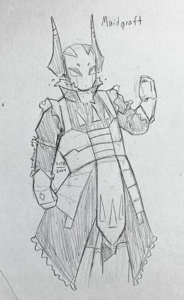 A traditional drawing of biograft. the plating colors have been changed to resemble an apron, and extra fabric is present at the waist to form a skirt shape. there is lace attached to the gauntlets, 'skirt' fabric, and shoulder area