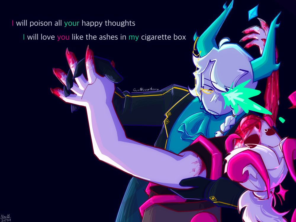 Medkit and Subspace dancing. Subpace is being dipped and appears manic, while medkit looks troubled. Medkit’s eyepatch is missing, and so is Subspace’s gas mask and arm sleeve. His muscle and bone is exposed while a teal blast comes out of Medkit’s missing eye. ‘I will poison all your happy thoughts. I will love you like the ashes in my cigarette box.”