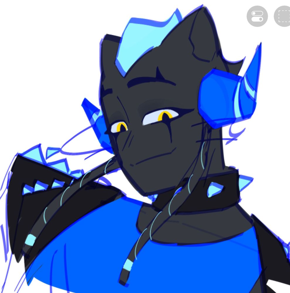 A bust shot of a an OC. Felinus is a black cat with blue horns, a spiked collar, and leather jacket. He wears pointed eyeliner and eyeshadow