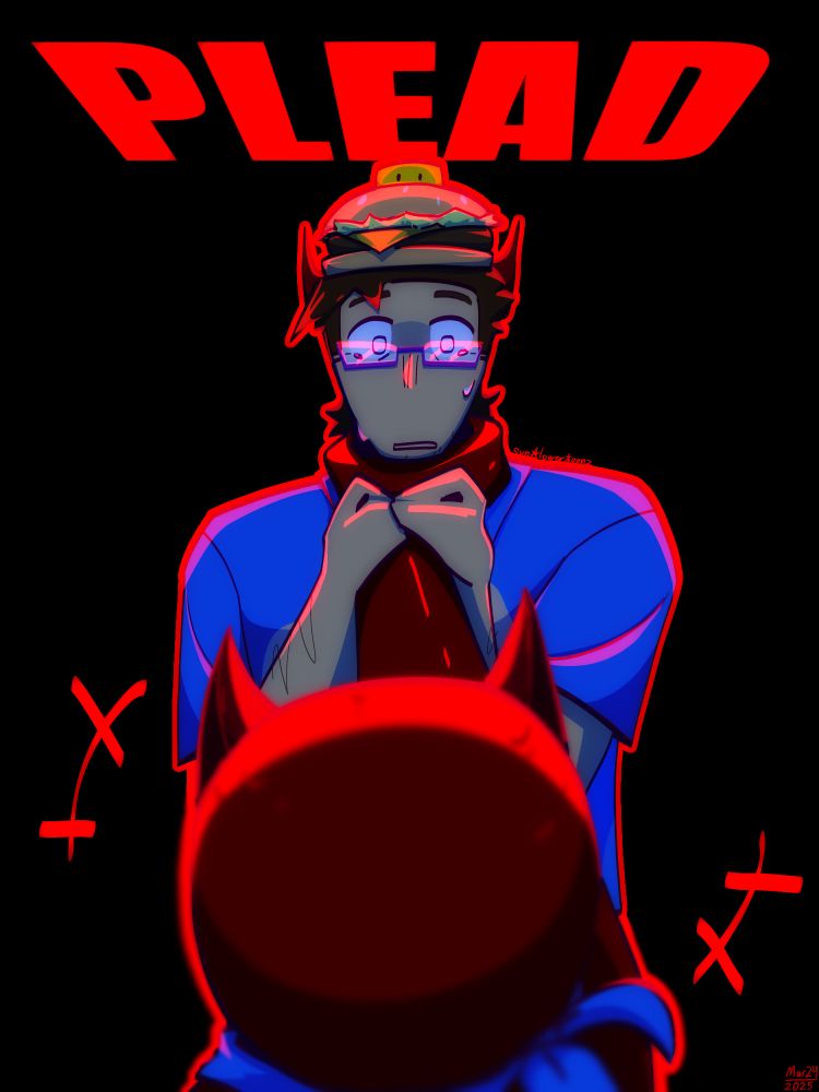 007n7 is held up by the throat by c00lkidd. He appears surprised if not uncomfortable as c00lkidd laughs. The word PLEASE is in red on the top of the canvas 
