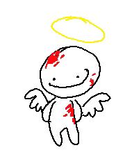 A reaction image i stole off tumblr of a blorbo holding its hands behind its back innocently with angel wings and a halo. It has blood splattered on them