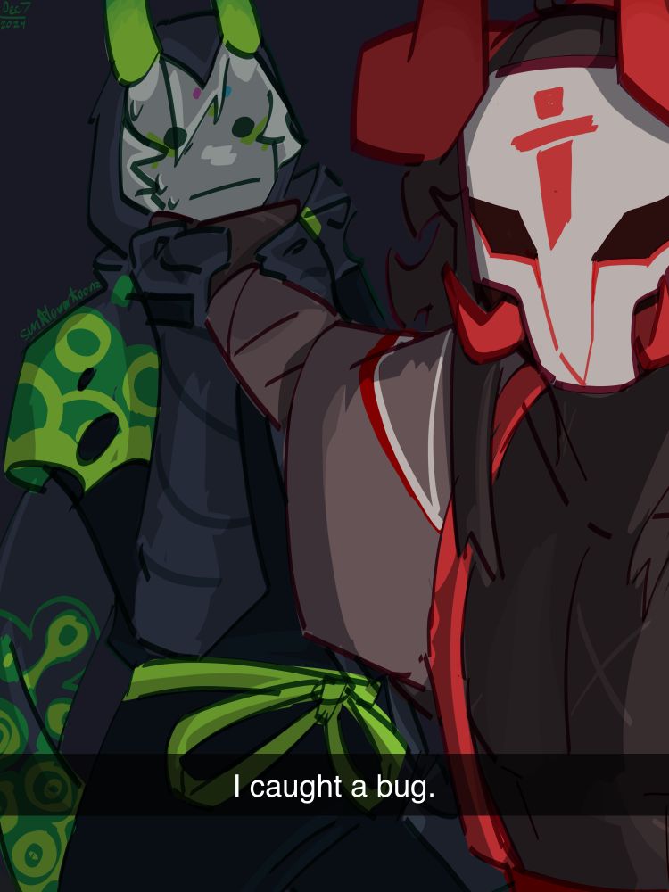 Katana holding Shuriken by the neck, taking a photo with his other hand. Its dark and the phone screen is the main light source. A snapshot style caption is along the bottom “I caught a bug.”
Btw this was the first time i drew Shuriken’s redesign