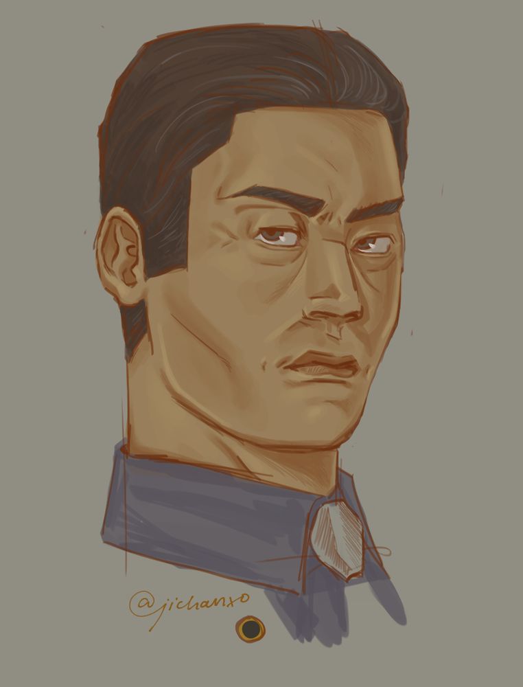 A coloured digital portrait of Sawashiro Jo from Yakuza 7. He has a serious expression on his face, coloured in warm colours. He has some grey hairs.