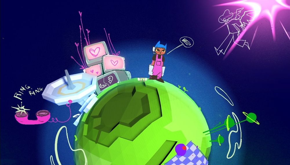 Concept Art for a video game with a character in a pink overall standing on a small green planet next to a satellite dish with a phone attached. A scribbled angel is descending from a supernova. Just normal things.