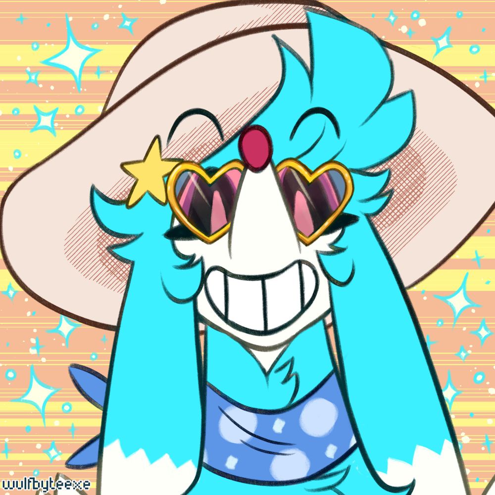 A digital drawing of a Furfrou smiling widely. He is wearing heart-shaped sunglasses, a star-shaped hairpin, a sunhat, and a spotted blue neckscarf. There are white and blue sparkles around him.