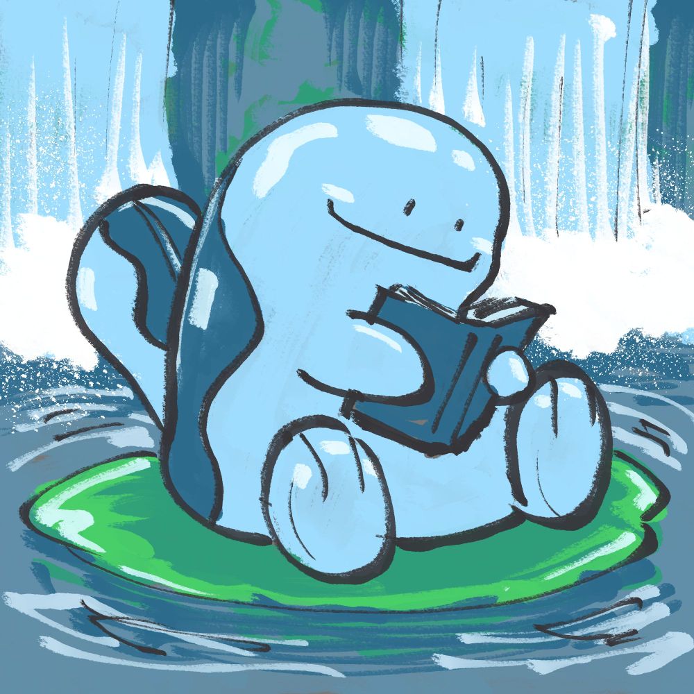 quagsire sitting on their favorite lilly pad trying to read a book. with waterfalls in the background, quagsire realizes they can't read, but they do like the pretty pictures 