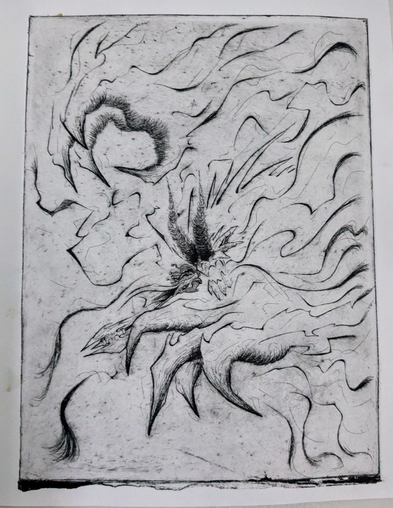 3rd plate, unfinished, but after some peer review, I emphasized the line art a lot more and was going to eventually add some textures via soft ground but I flunked out of school 😂 

Still, p happy with this despite it being unfinished. Was a very frustratingly slow process but one that was incredibly insightful as well. 