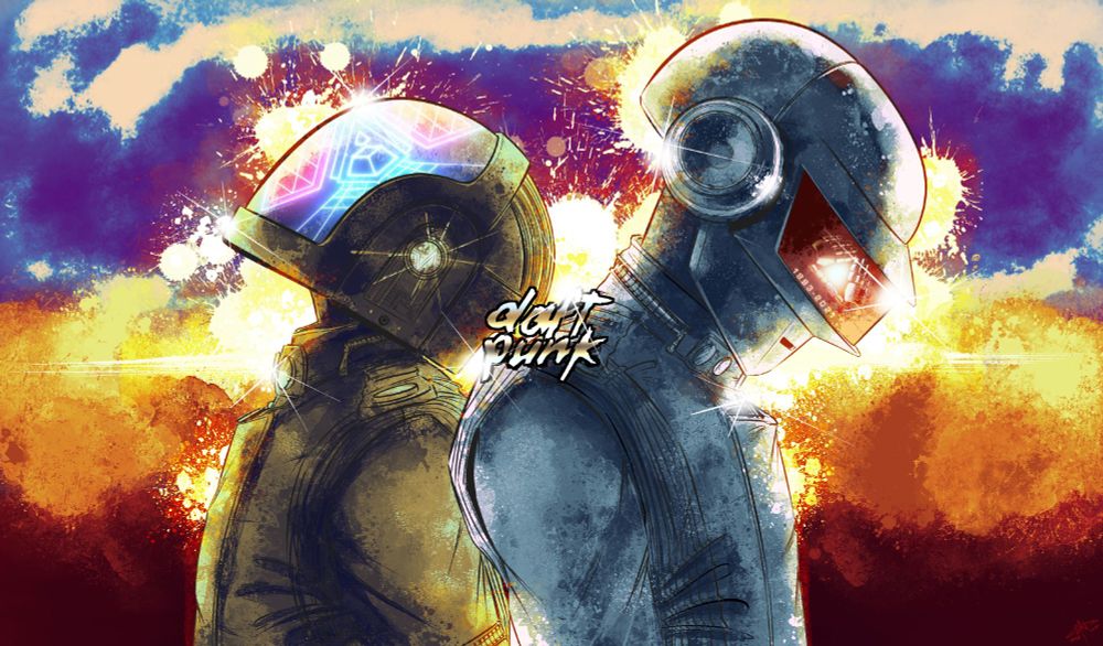 both robots from daft punk, the left one is looking up, the right one is looking down in a fiery explosion backdrop. 