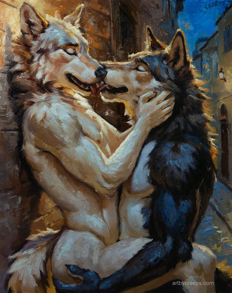 oil painting of two anthro wolves making out, the black wolf is holding the white wolf up against the wall by his rear at night while the street lights illuminate them.