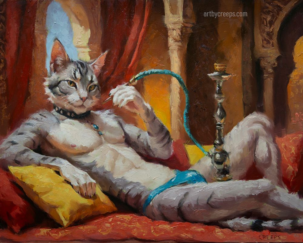 My oil painting of an anthropomorphic silver tabby cat lounging amongst colorful pillows smoking a hookah. He has a black studded collar on with blue underwear and blue jewelry hanging from the collar. The hookah tube is also teal blue, matching his underwear and jewelry. 