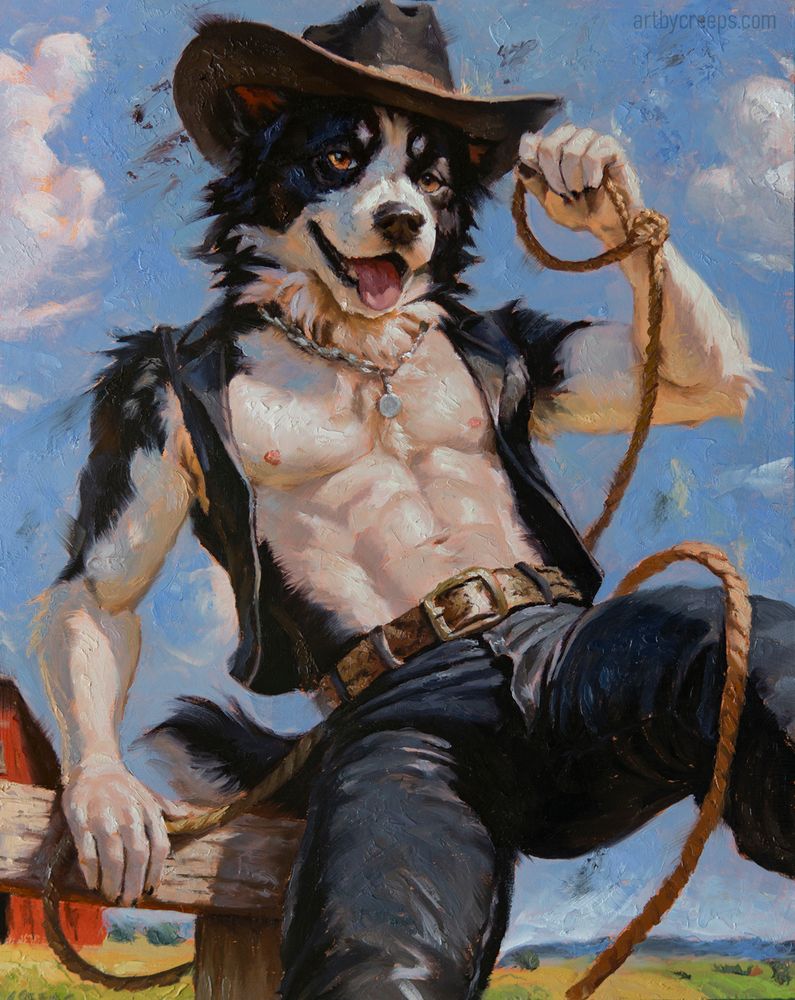 My oil painting of a cowboy border collie, wrapping himself in a lasso. He is wearing black leather pants and a black leather vest with a snakeskin belt and a dark brown/black cowboy hat, and a silver chain necklace. He is leaning on a fence post and can be seen on a farm in front of his barn. The sky is cloudy blue.