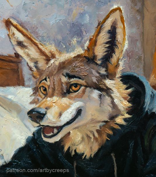 crop of my newest oil painting featuring an anthro coyote wearing only a black hoodie laying in bed, looking cheeky.