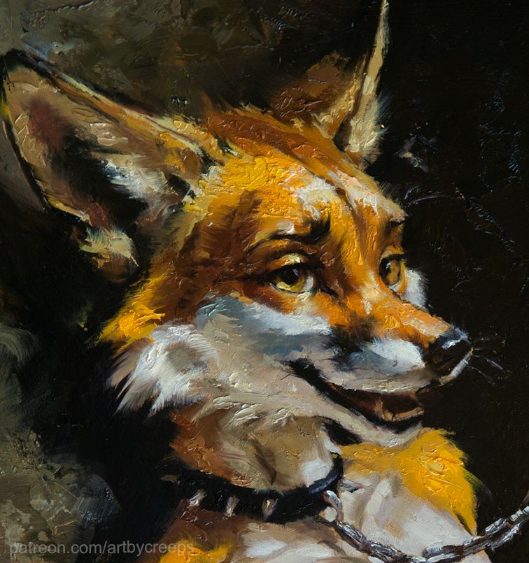 crop of an oil painting featuring an anthro red fox chained up by his spiked choker.