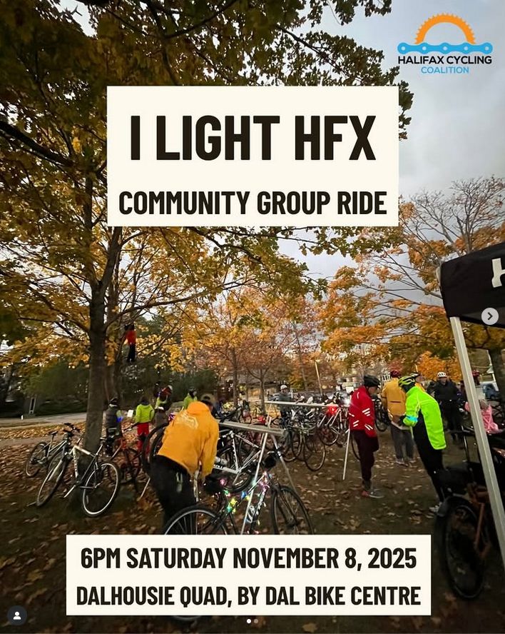 An advertisement for the I LIGHT HFX community ride. THe picture shows bikes on racks and leaning on trees with a few people hanging around. There is one big tree with yellow leaves. 