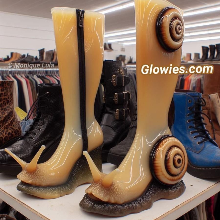 A pair of wellington boots (wellies) designed to look like snails, with two eye stalks on the toes of each shoe and a circular shell design on the back