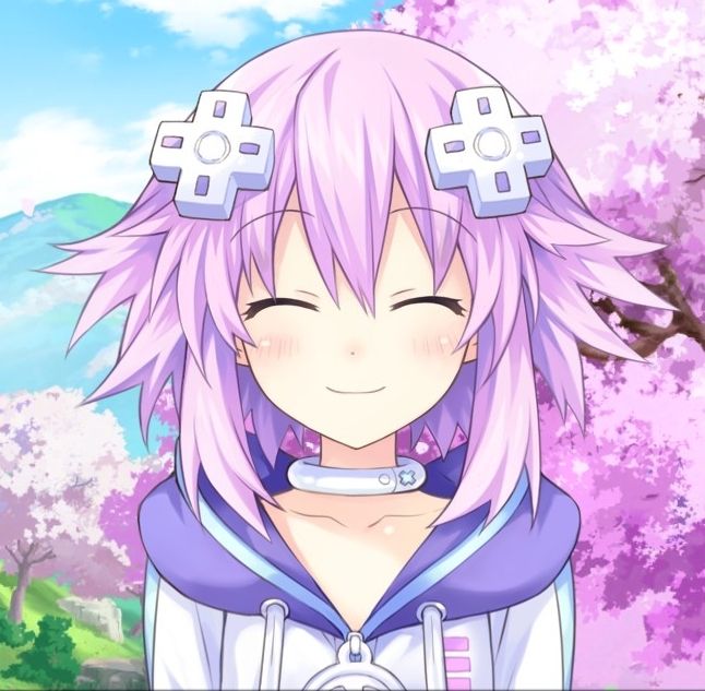 Neptune from Megadimension Neptunia VII smiling with her eyes closed.