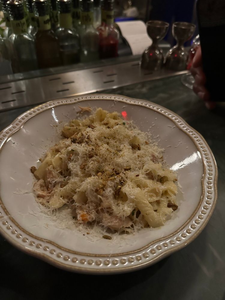 Campanella with Citrus-Braised Chicken, Parmigiano Reggiano, Pistachio