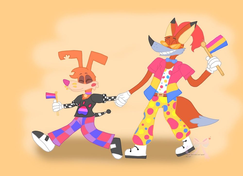 Old pride art made last year of both Moxy and Frankenfox in pride outfits.