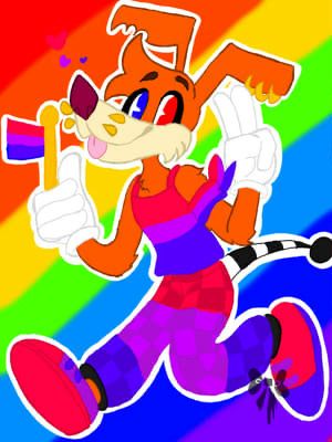 Old pride art made in 2023 of Moxy in a bisexual themed outfit.