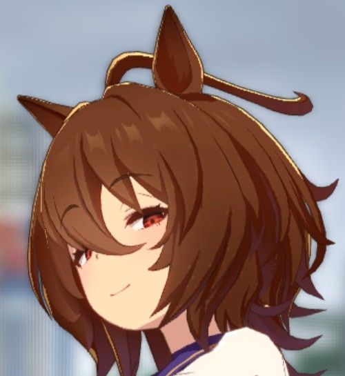 A horse girl with brown hair looks to side with a smug smile