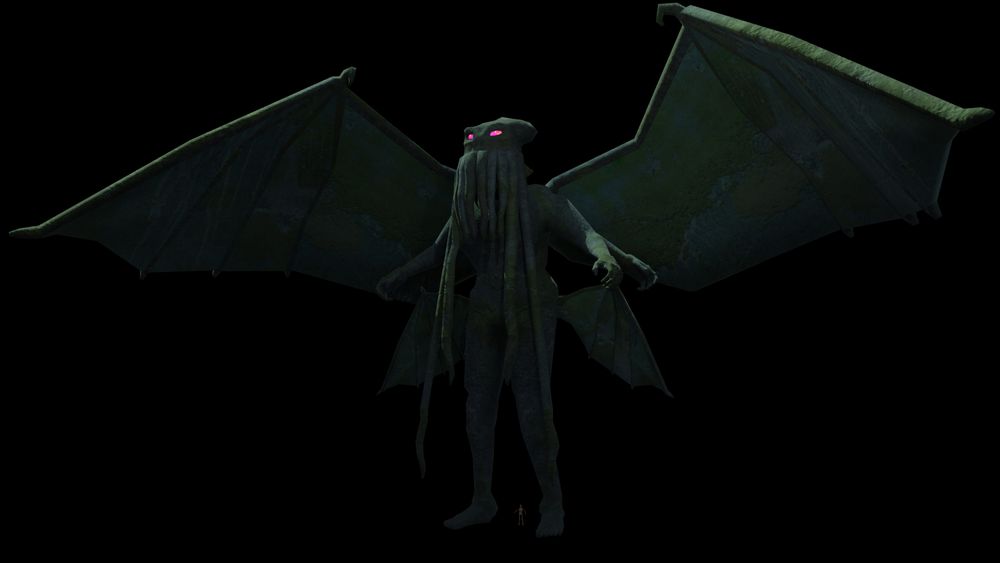 image is a 3d model of cthulhu standing in a-pose with a tiny skeleton at its feet for scale