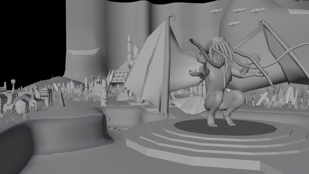 image is a flat render of a city scene on a cliff, several ruins, pyramids, and obelisks throughout the city. a cthulhu statue dominates the center of town, with whales and fish swimming overhead