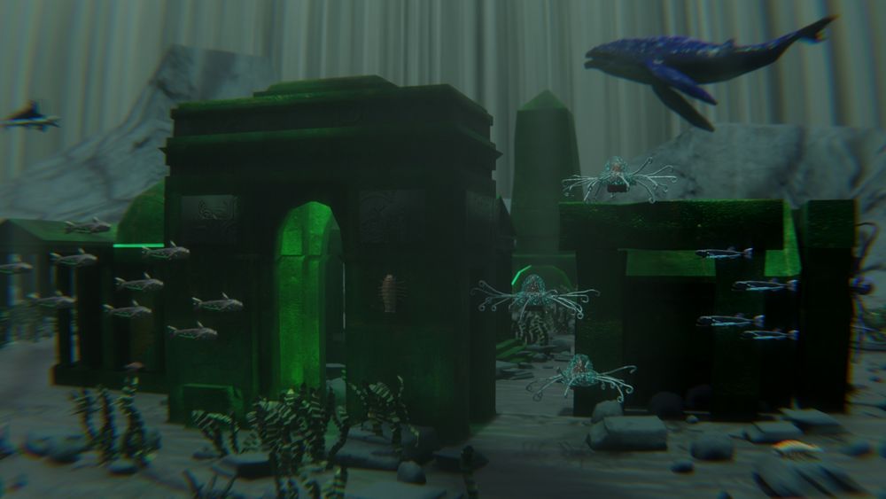 image is a 3d model of a ruined city beneath the ocean, caustics streak across the scene of broken and misshapen green buildings, glowing crystals, and several sea creatures living amongst the ruins