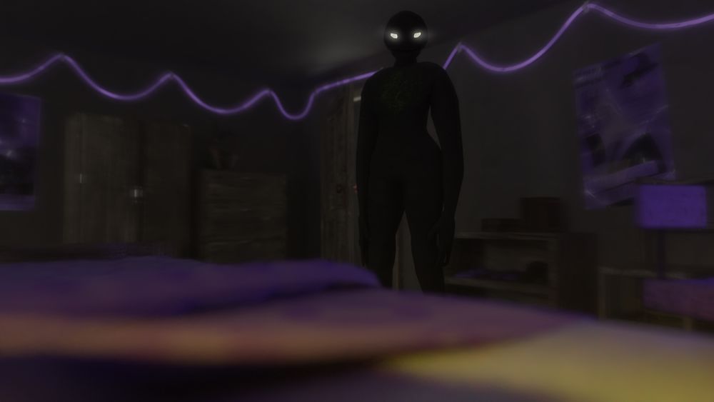 image is a 3d model of a bedroom with a tall dark figure with glowing eyes standing over the bed