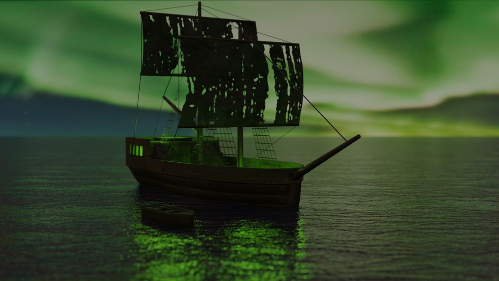 image is a 3d model of a wood ship with two torn sails, green mossy wood, and an inner green glow, with a dingy in the water in front of the ship with the same texture and a green aurora in the sky beyond