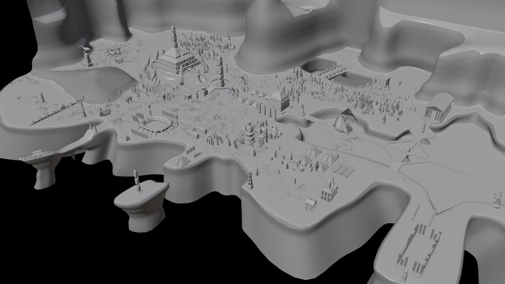 image is a flat render of a city scene on a cliff, several ruins, pyramids, and obelisks throughout the city. a cthulhu statue dominates the center of town, with whales swimming overhead and a sunken ship cracked in half