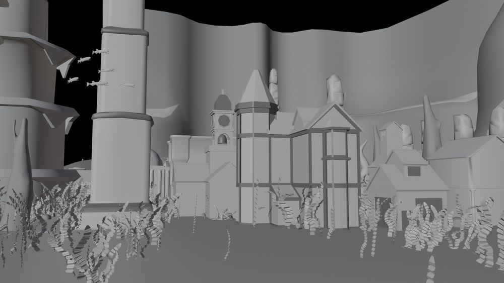 image is a flat render of a city scene on a cliff, several ruins, pyramids, and obelisks throughout the city. turn of the century classic buildings and coastal shacks are front and center, fish swim above the seafloor, with seaweed and stone pillars reaching towards them
