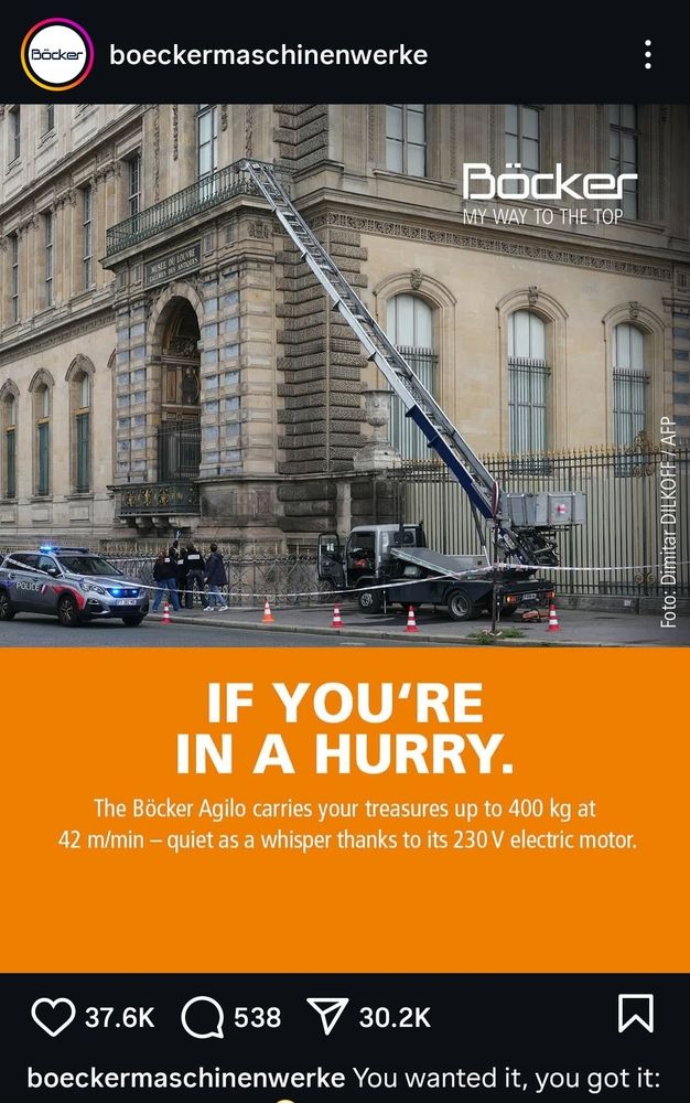screenshot is the boeckermaschinenwerke instagram account featuring an image of the ladder truck outside the louvre with the text "if you're in a hurry. the böcker agilo carries your treasures up to 400 kg at 42 m/min quiet as a whisper thanks to its 230 V electric motor"