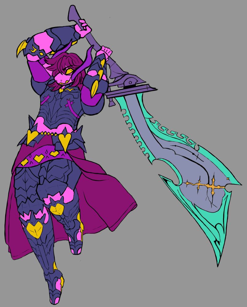 Image depicts Susie from Deltarune as a Dark Knight with gold heart motif and an Augmented Hellhound heavy blade which resembles her signature axe.