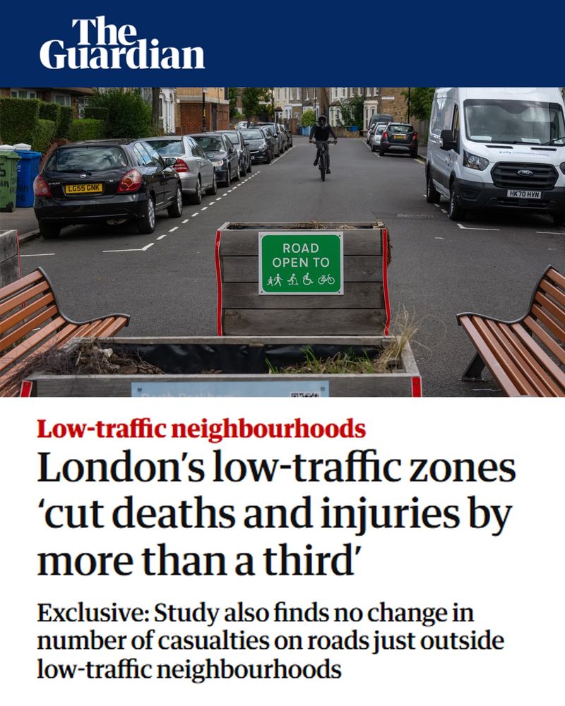 The Guardian. London’s low-traffic zones ‘cut deaths and injuries by more than a third’. Exclusive: Study also finds no change in number of casualties on roads just outside low-traffic neighbourhoods