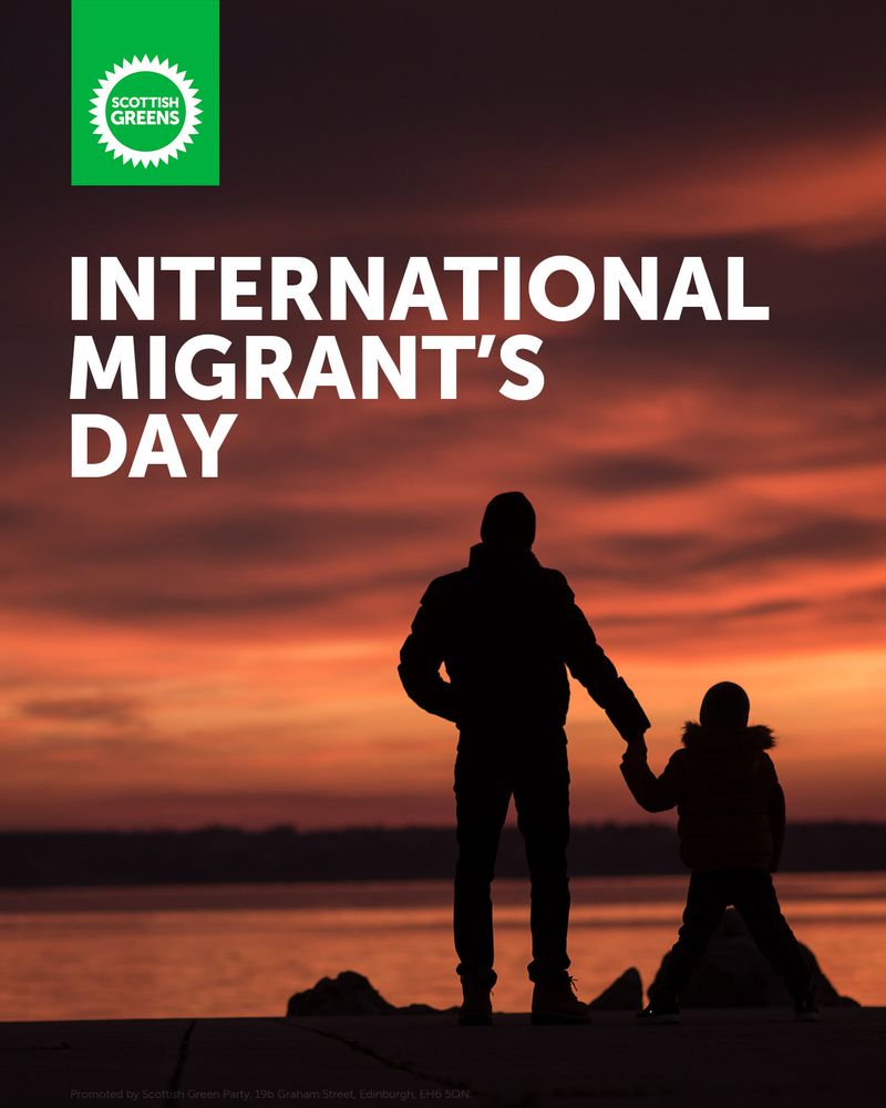 International Migrant's Day. A photo shows the silhouettes of an adult and a child looking ov era body of water.

