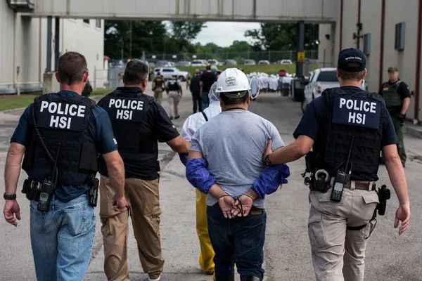Four officers from Homeland Security Investigations (HSI), wearing uniforms labeled "POLICE HSI" on their vests, escort a handcuffed man in a gray shirt and hard hat away from a facility. The scene is outdoors with buildings, vehicles, and other personnel visible in the background, suggesting a workplace operation or raid.
