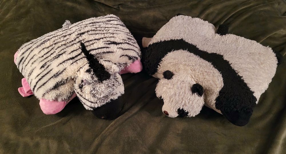 Two Pillow Pets laid out side by side on a green blanket. One is a black and white zebra with a pink belly (Sakura) and the other is a black and white panda (Yume)