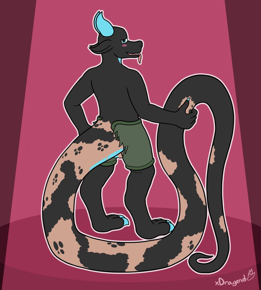 Similar to the previous art, but now with pants that have ripped into a tail that's still in the process of growing scales, with mostly skin closer to the base.