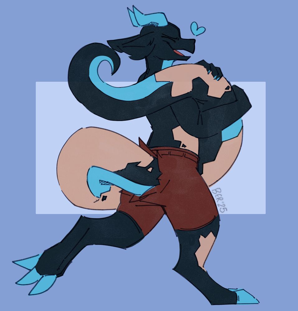 A black kobold with blue under scales, horns and claws is in the midst of a transformation from being a human. Their transformation is nearly complete, with part of their leg, belly and tail untransformed.
Half of their long tail is composed of skin and the other half properly scaled. The kobold wears red pants that has the back ripped open for space for their tail. The kobold is in a jog to the left, with a blissful expression as they hug it.