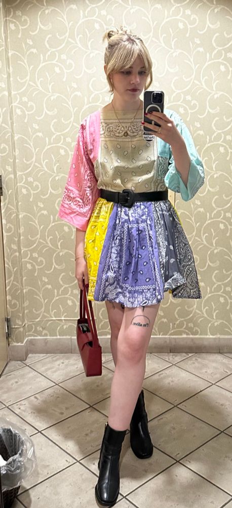 Mirror selfie! Wearing a psychic outlaw handkerchief dress and ankle booties
