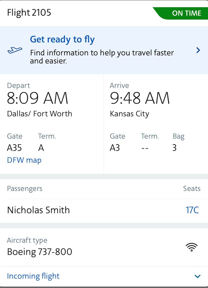 The author’s upcoming American Airline flight from DFW to MCI with a 17C seat assignment.