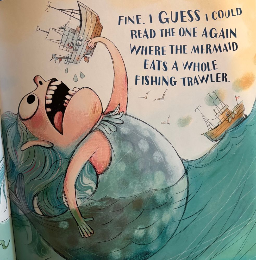 Illustrated page of a mermaid imagining herself as a giant ship-eating mermaid.