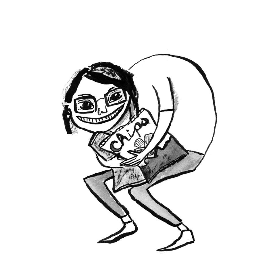 Self portrait of the artist as an ink drawing hoarding chip bags.