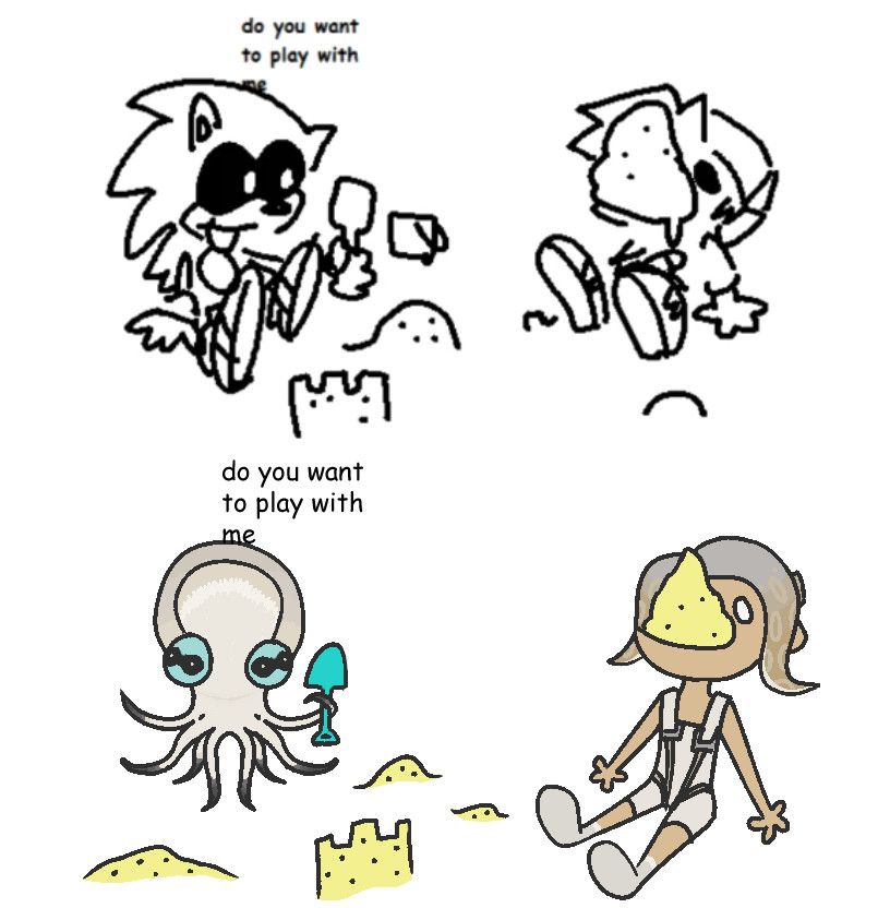 art of order from splatoon building sandcastles and putting sand into agent 8's mouth, saying "do you want to play with me" as a parody to art above it which is a doodle of sonic.exe from an fnf mod building sandcastles and putting sand into BF's mouth