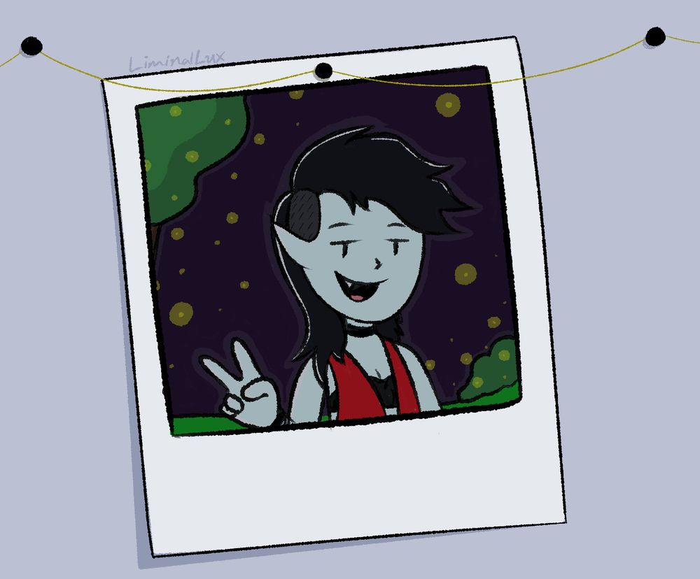 art of Marceline from adventure time standing in a forest surrounded by fireflies & she is giving a mouth-open smile & showing a peace sign with her right hand