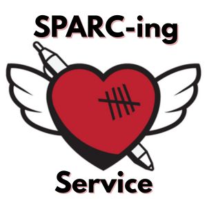 Text: SPARC-ing Service; image: a red heart with white wings and a click pen angled behind it. There are five tally marks on the front of the heart. Everything is drawn with heavy, dark, thick and thin lines