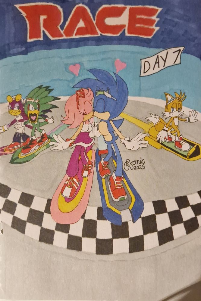 Sonic and Amy giving each other a kiss as they cross the finish line with Jet the Hawk being shocked while Wave the Swallow looking at their direction. Tails rides as he looks at Sonic and Amy thinking they're showoffs.

FINALLY... I've finished the SonAmy Week. Originally, I was to draw a comic based on the recent game, Sonic Racing Crossworlds, but since I was on vacation during that time, I had to figure out an one image drawing. So I went with one of my favorite Sonic spinoffs, Sonic Riders. Doesn't matter which ones, but I imagined Sonic and Amy crossing the finish line together while kissing each other and this is the result.