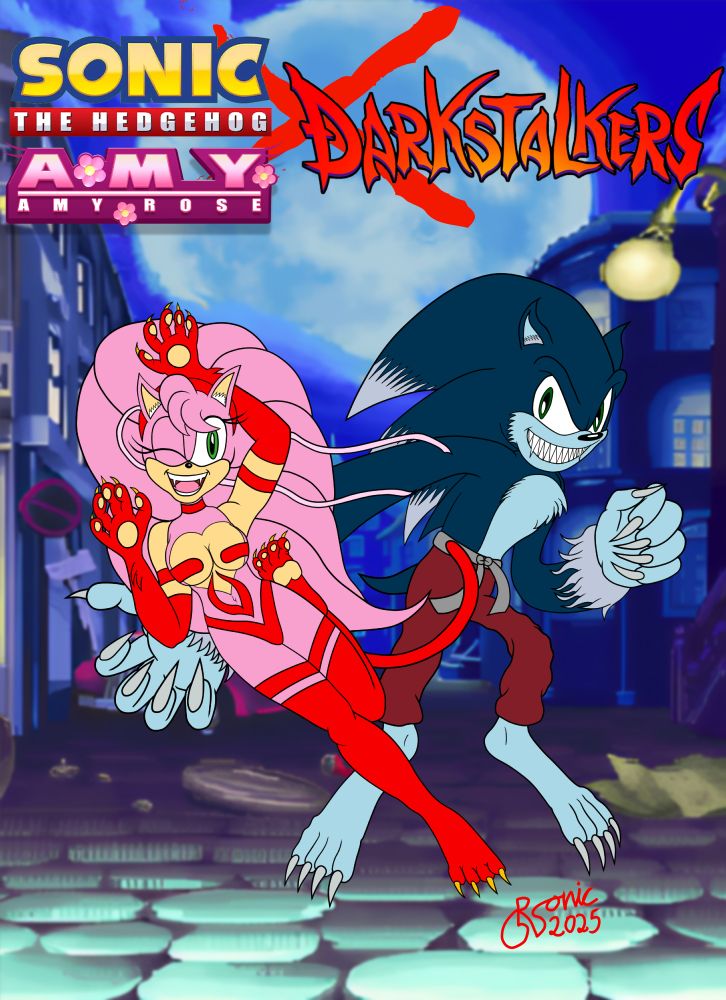 Amy and Sonic the Werehog cosplaying Darkstalkers' Felicia and Jon Talbain/Gallon. This is based on Amy and Sonic's usual color on their outfits. Meaning Felicia's fur is now red and Sonic's pants is based on the color of his boots in werehog form.