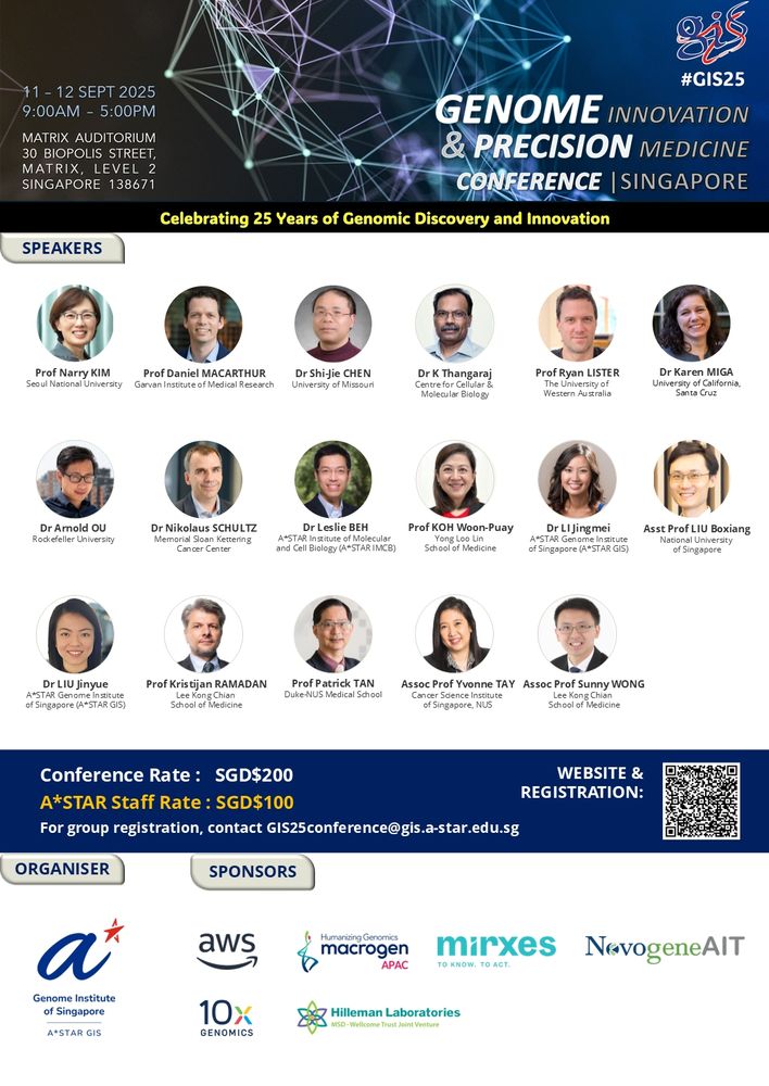 Narry Kim, Daniel MacArthur, Shi-Jie Chen, K Thangaraj, Ryan Lister, Karen Miga, Arnold Ou, Nikolaus Schultz, Leslie Beh, Koh Woon-Puay, Jingmei Li, PhD, Boxiang Liu, Jinyue Liu, Kristijan Ramadan, Patrick Tan, Yvonne Tay, Sunny Wong