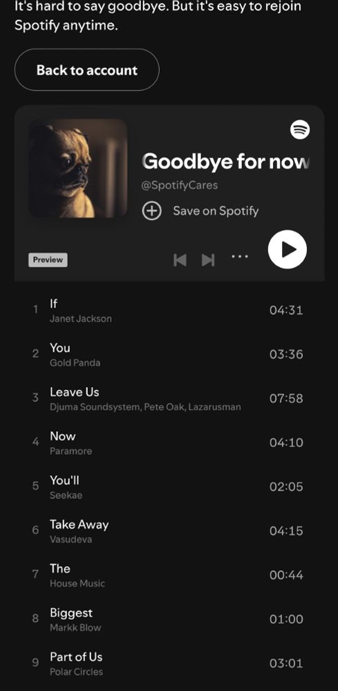 Play list titled "Goodbye for Now" by @SpotifyCares